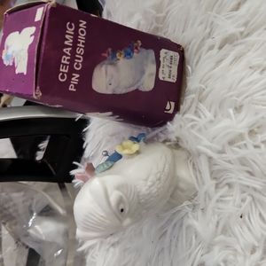 Vintage 1970s Ardal White Porcelain Owl Pincushion with Applied Flowers